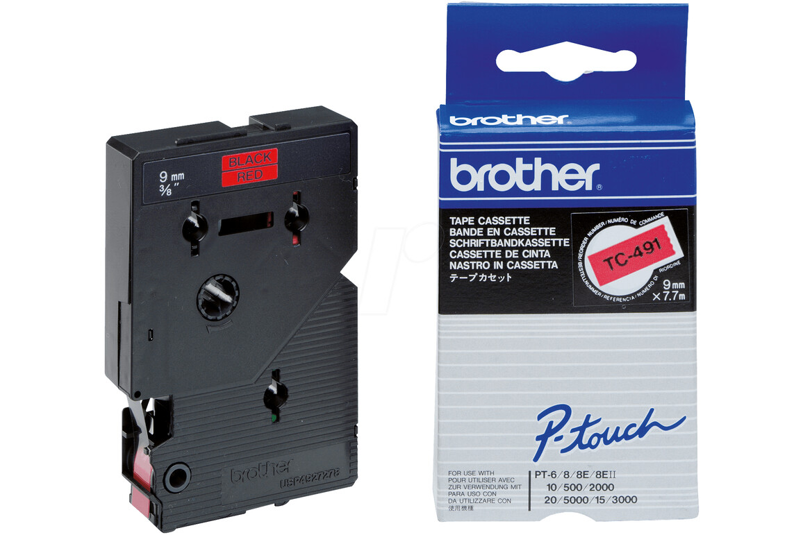 Beschriftungsband Brother 9mm schwarz auf rot, Art.-Nr. TC491 - Paterno Shop