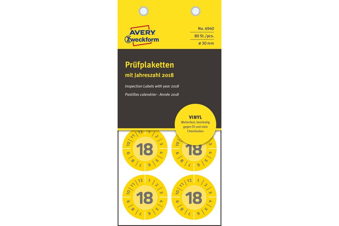 Prüfplaketten ZWF 2018 Vinyl 30mm, gelb, Art.-Nr. 6940ZWF - Paterno Shop