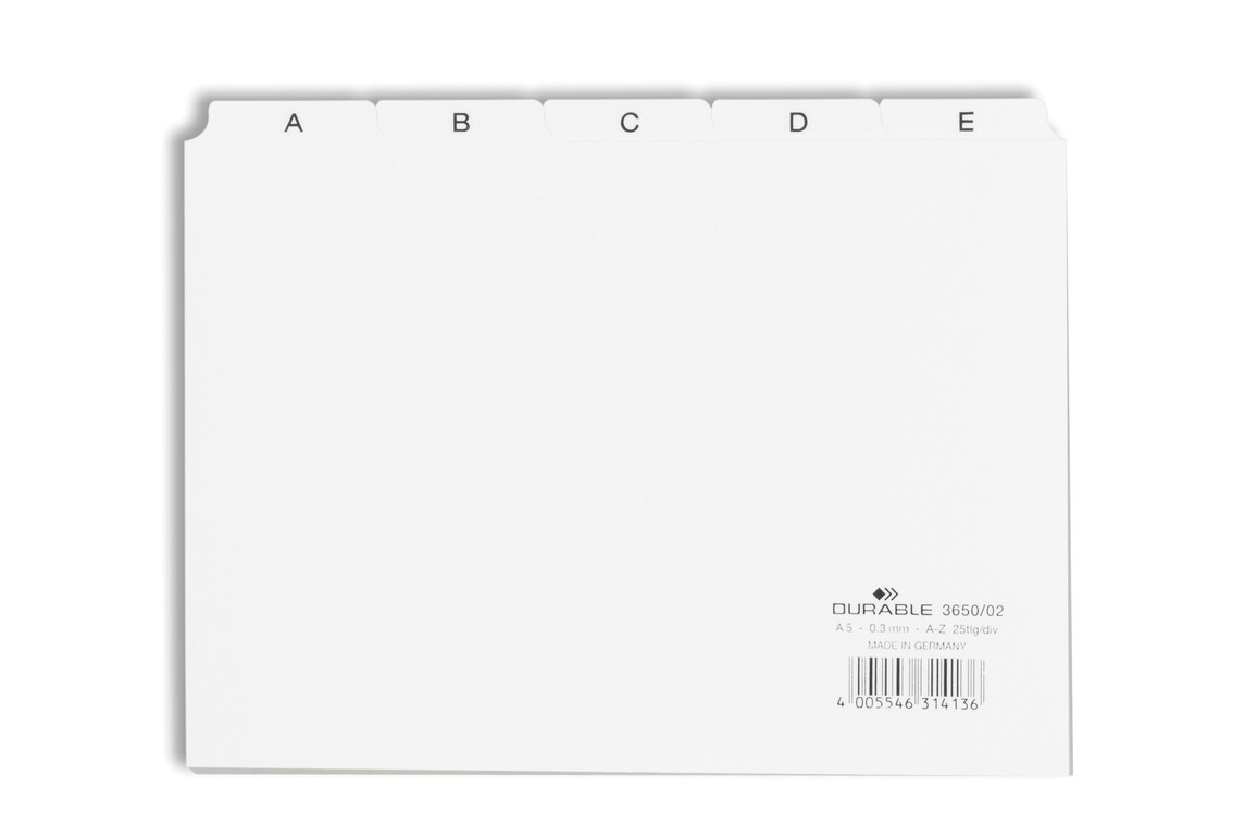 Leitregister Durable A5 quer A-Z 5/5-teilung weiss, Art.-Nr. 3650-WS - Paterno Shop
