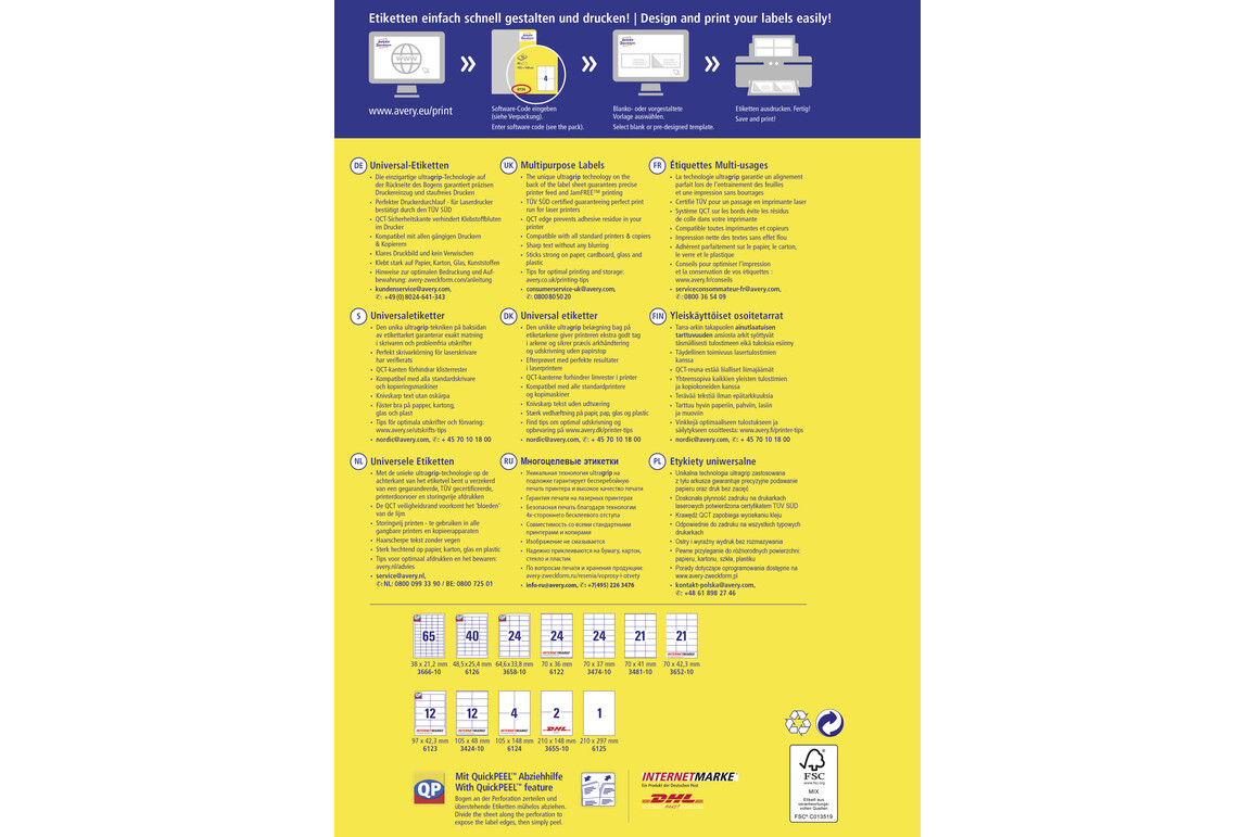 Universaletiketten Avery perm. 70x42,3mm, Art.-Nr. 3652-10 - Paterno Shop