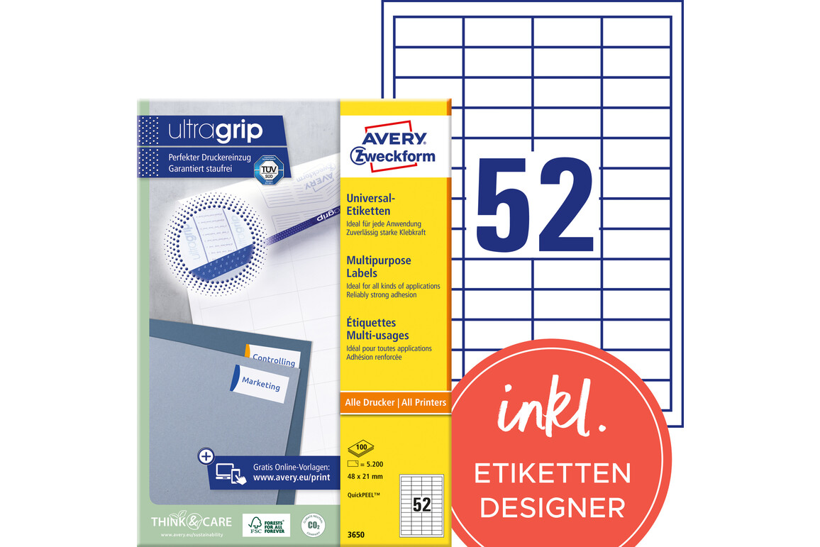 Universaletiketten A4 3650 weiss 48x21mm, Art.-Nr. ZWF-3650 - Paterno Shop