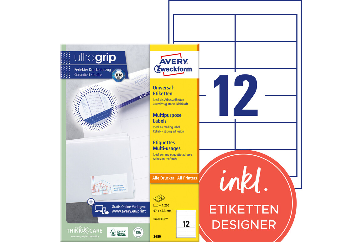 Universaletiketten A4 3659 weiss 97x42,3mm, Art.-Nr. ZWF-3659 - Paterno Shop