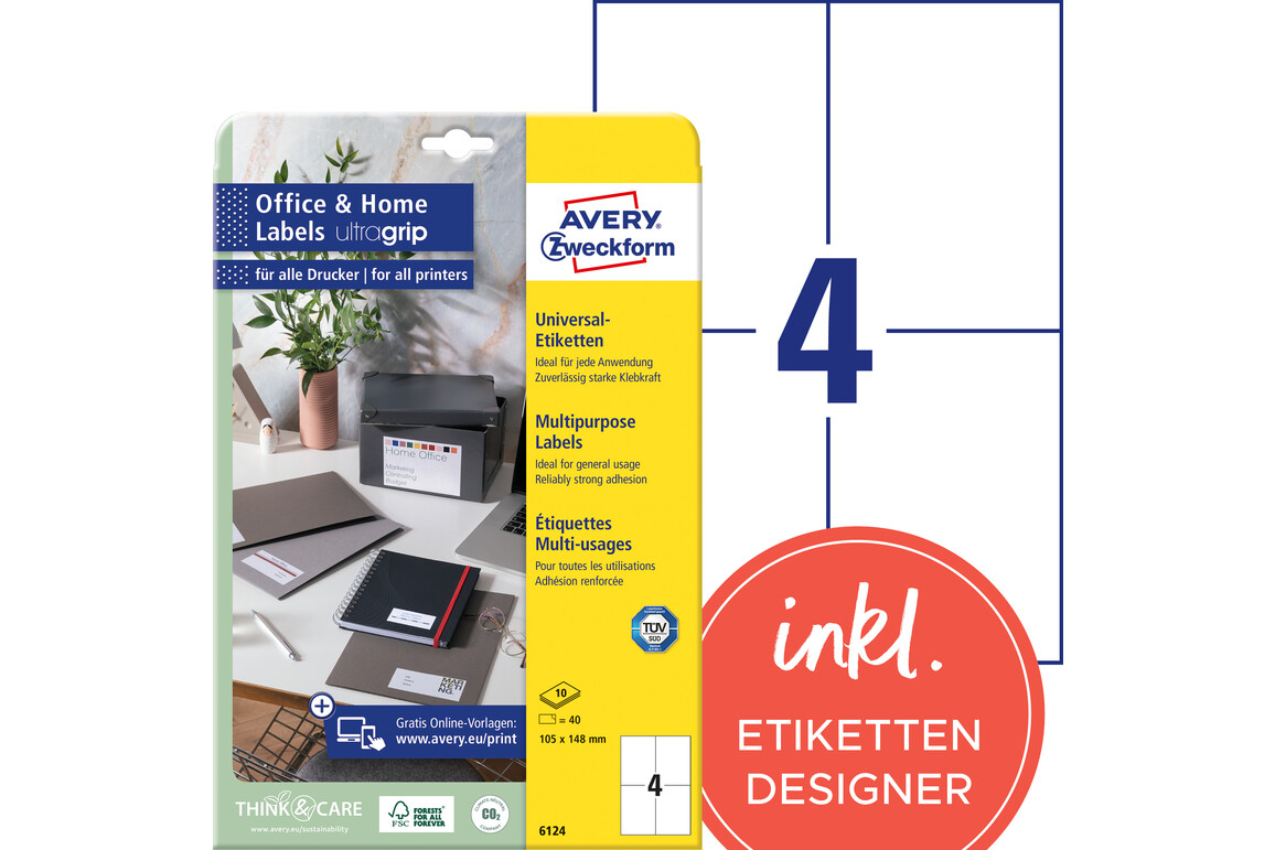 Etiketten Avery InkjetLaserCopy 105x148mm, Art.-Nr. 6124ZWF - Paterno Shop