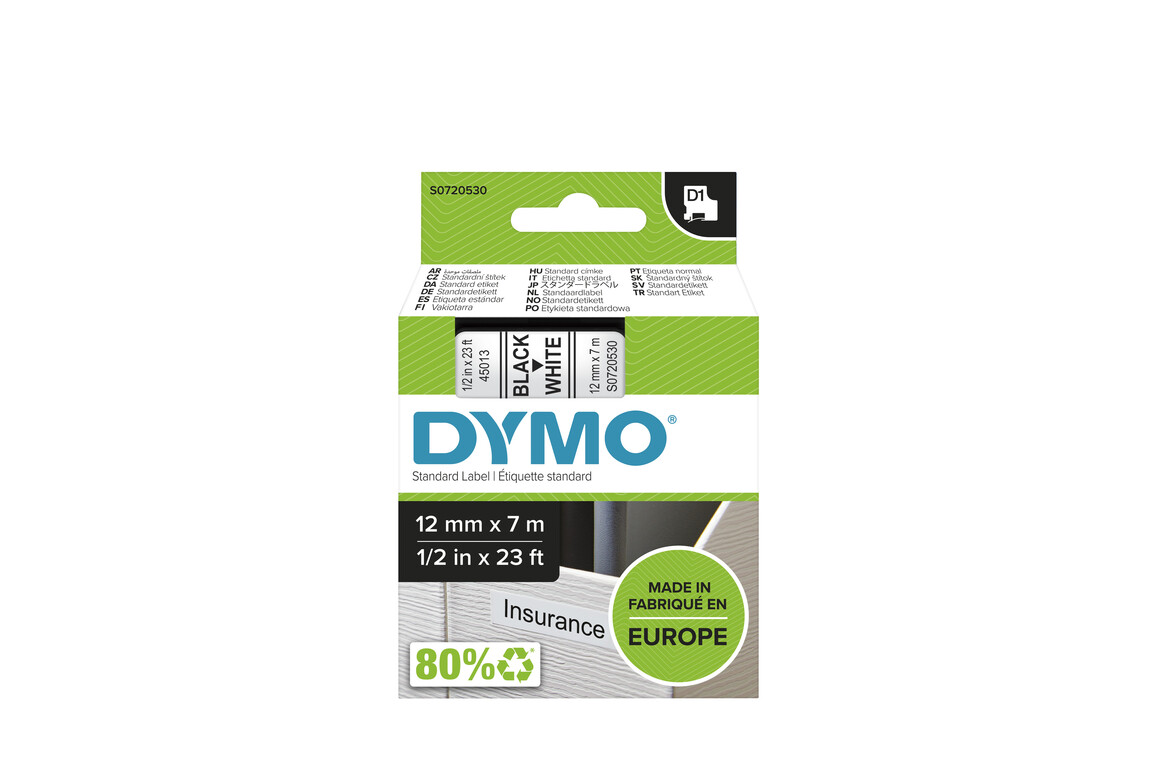 Beschriftungsband Dymo 12mmx7m schwarz weiss, Art.-Nr. 00450-SWWS - Paterno Shop