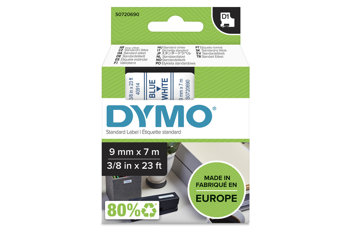 Beschriftungsband Dymo 9mmx7m blau weiss, Art.-Nr. 00409-BLWS - Paterno Shop