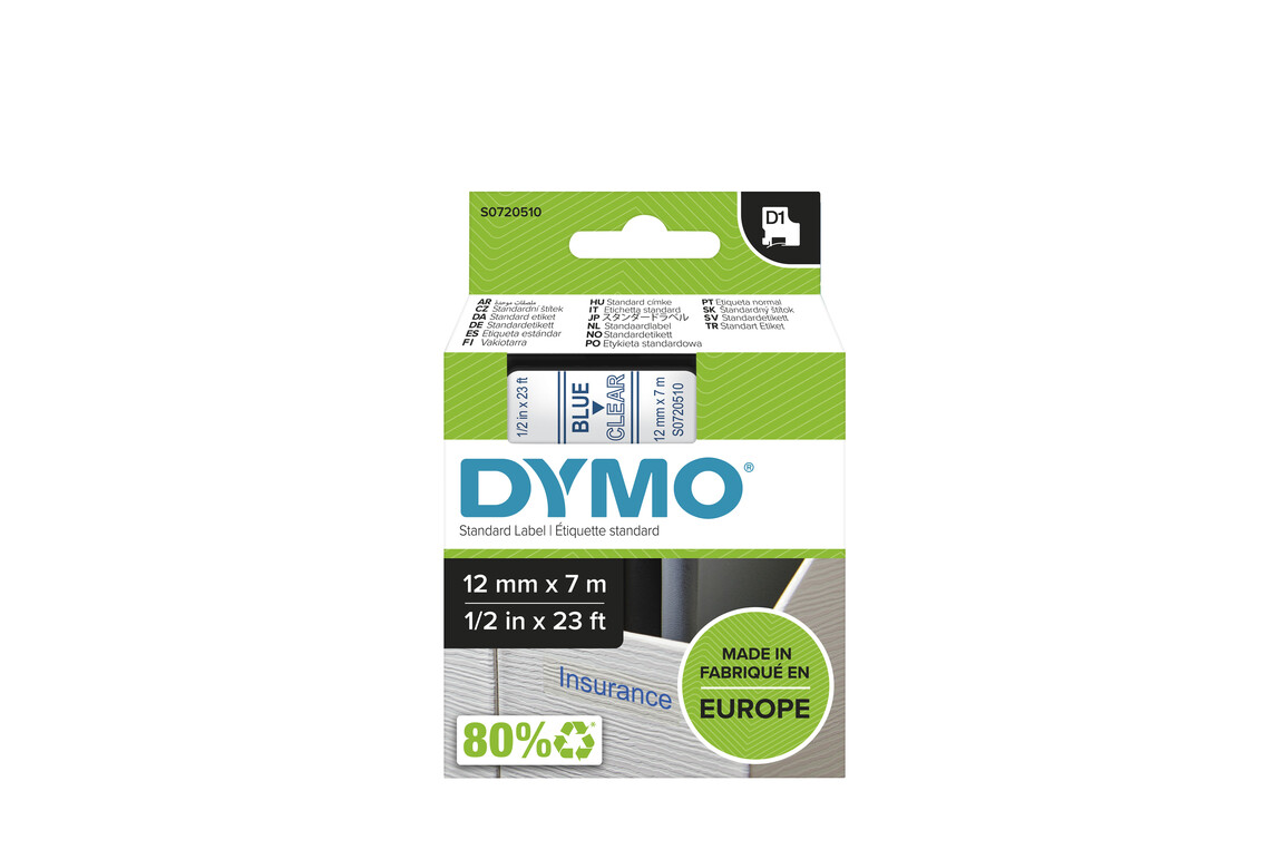 Beschriftungsband Dymo 12mmx7m blau farblos, Art.-Nr. 00450-BLTR - Paterno Shop