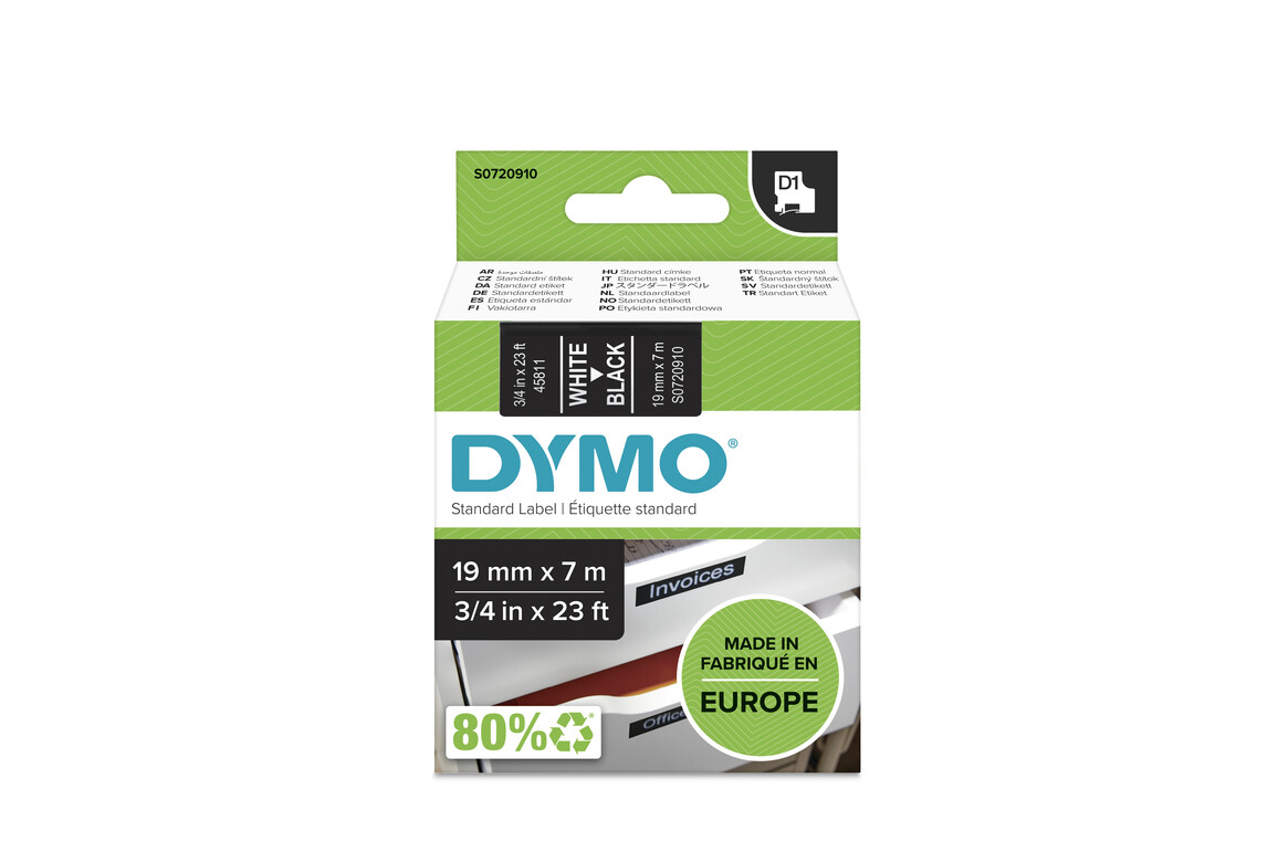 Beschriftungsband Dymo 19mmx7m weiss auf schwarz, Art.-Nr. 00458-WSSW - Paterno Shop